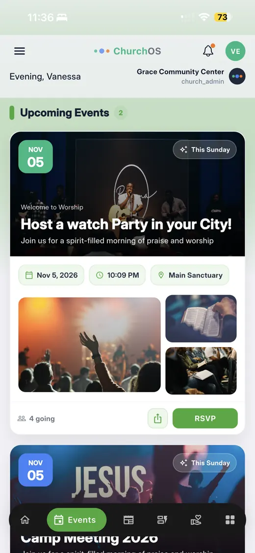 ChurchOS mobile events screen