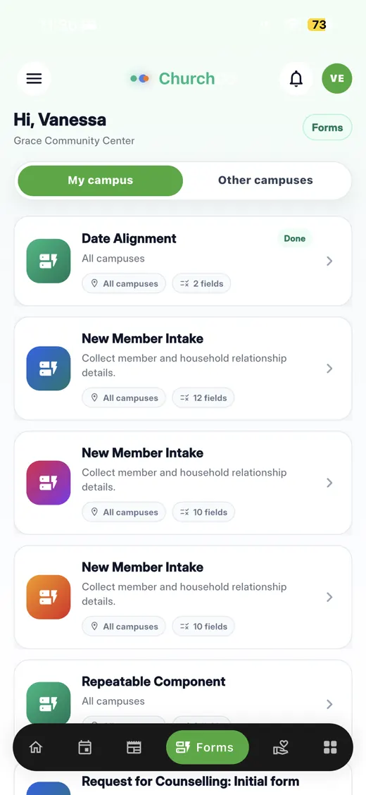 ChurchOS mobile forms screen